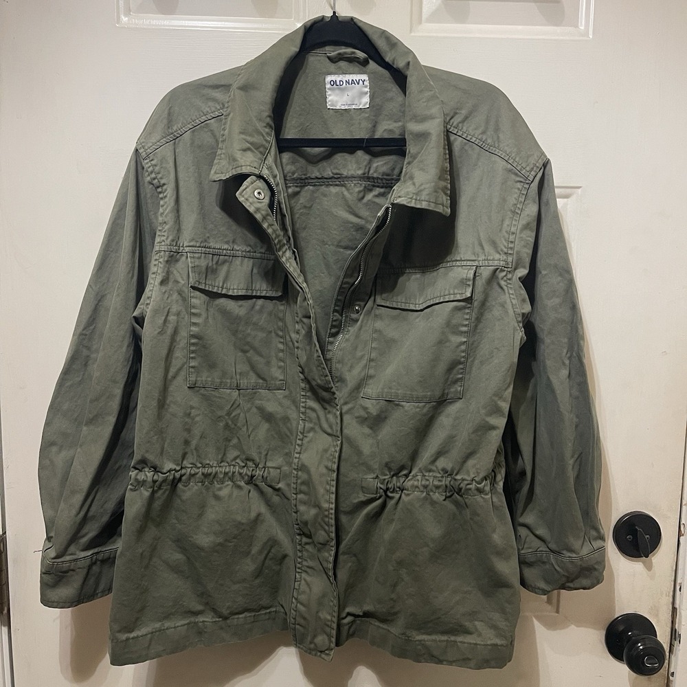 Old Navy Jacket Womens Large Green Snap Button Utility Military Outdoors Cotton